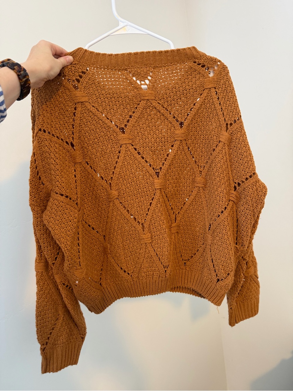 Elodie Open Diamond Knit Sweater - Rust Brown - Picture 2 of 2